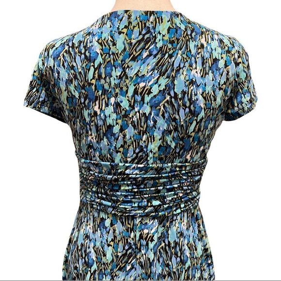 Studio I Blue Printed Ruched & Buckle Waistband Dress Sz 6 - Picture 5 of 16